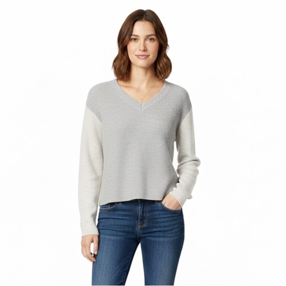 VINCE. Wool & Cashmere Blend Color Blocked Ribbed V Neck Sweater, Size M